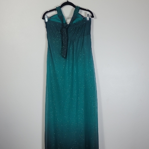 Y2K Vintage Sparkly Beaded Halter Maxi Gown Dress Size 10 Green Ombre Formal 90s - Picture 7 of 13